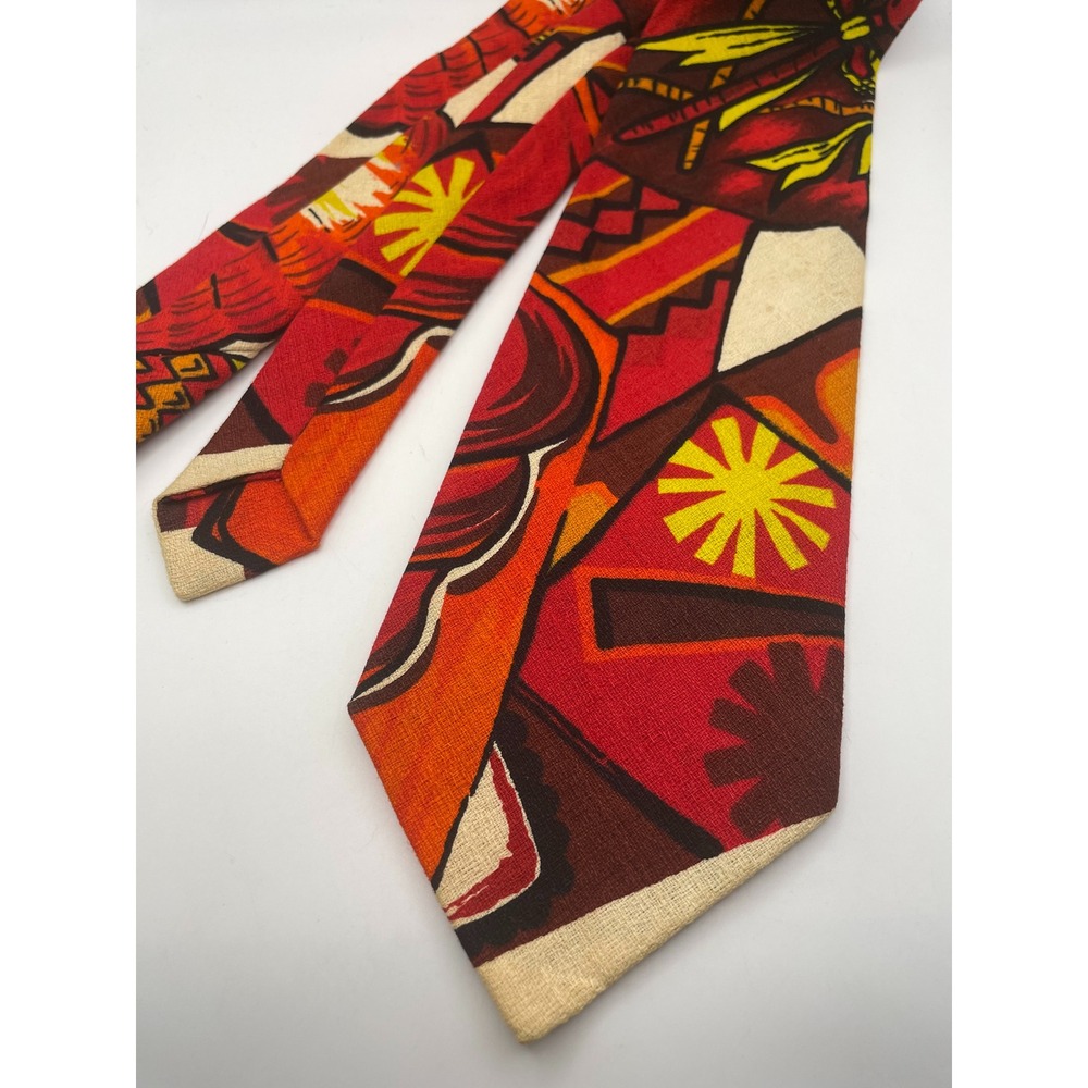 Vintage Kole Hawaii Mens Cotton Barkcloth Tie Red Orange Abstract Tiki Retro